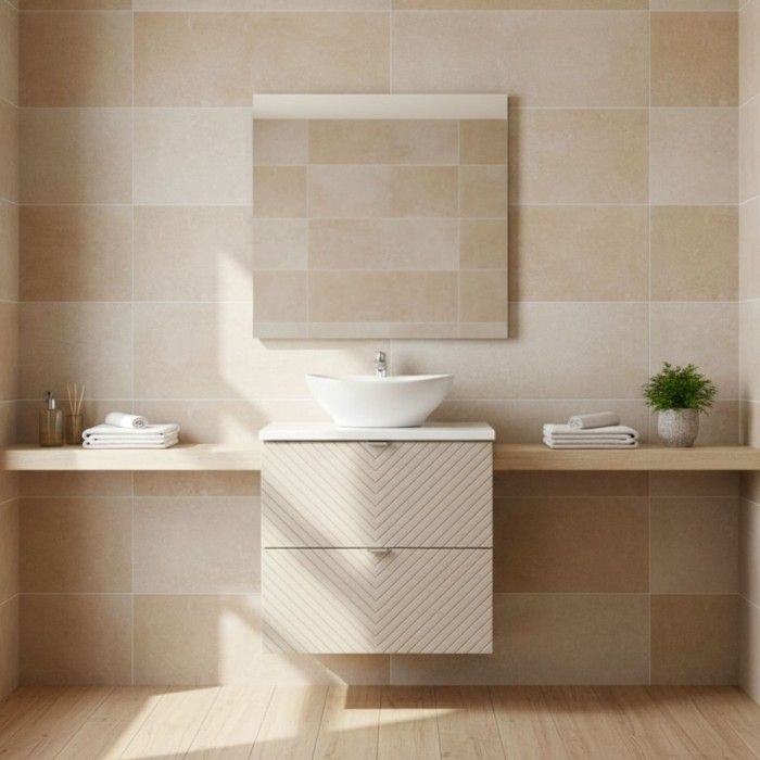 Conjunto para baño AOKI: mueble bajo lavabo con cajones de 60cm + encimera blanca + lavabo blanco redondo sobre encimera