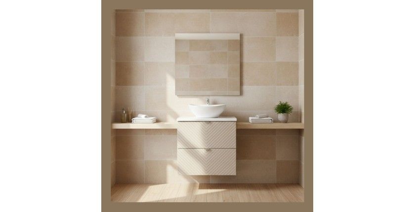 Ensemble meuble sous vasque beige avec plan vasque blanc et vasque à poser AOKI mis en situation