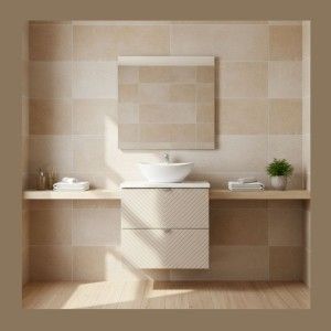 Ensemble de salle de bain AOKI : meuble sous vasque à tiroirs 60cm + plan vasque blanc + vasque blanche ronde à poser
