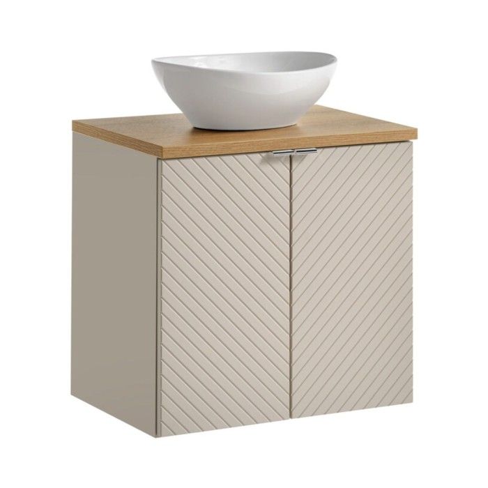 Ensemble meuble sous vasque à placard beige, plan vasque bois clair et vasque à poser AOKI