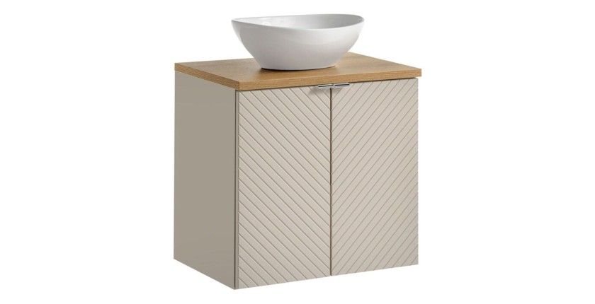 Ensemble AOKI : meuble sous vasque à placards 60cm + plan vasque chêne + vasque blanche ronde à poser