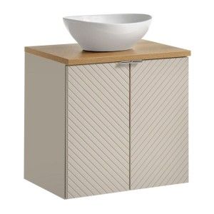 Ensemble AOKI : meuble sous vasque à placards 60cm + plan vasque chêne + vasque blanche ronde à poser