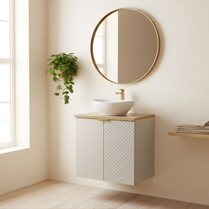 Ensemble meuble sous vasque à placard beige, plan vasque bois clair et vasque à poser AOKI mis en situation