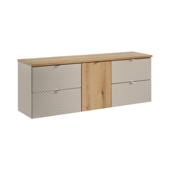 Set AOKI: mobili sotto lavabo con cassetti + cesto per la biancheria + piano lavabo in rovere