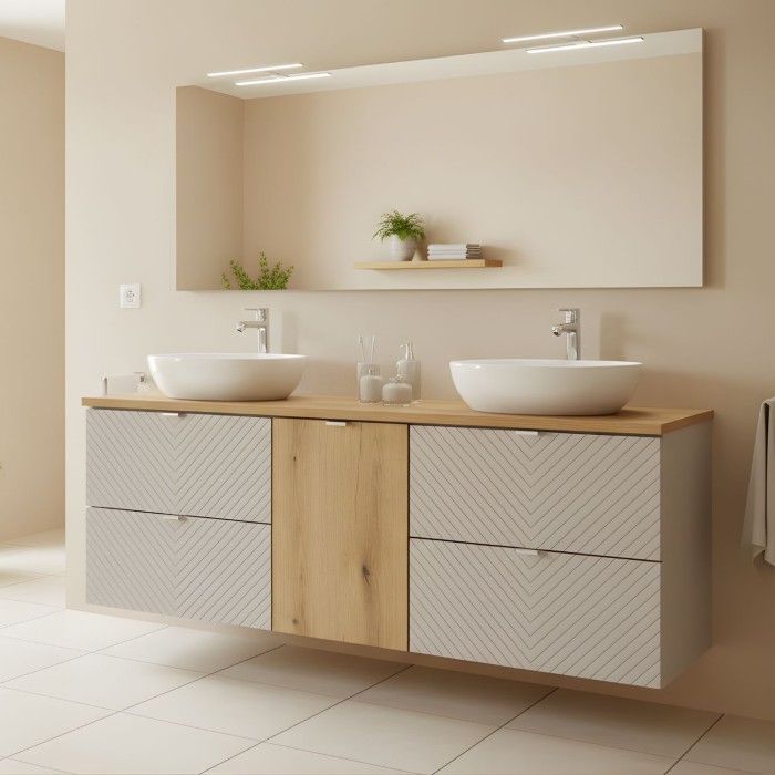 Ensemble meubles sous vasque AOKI beige et bois clair mis en situation