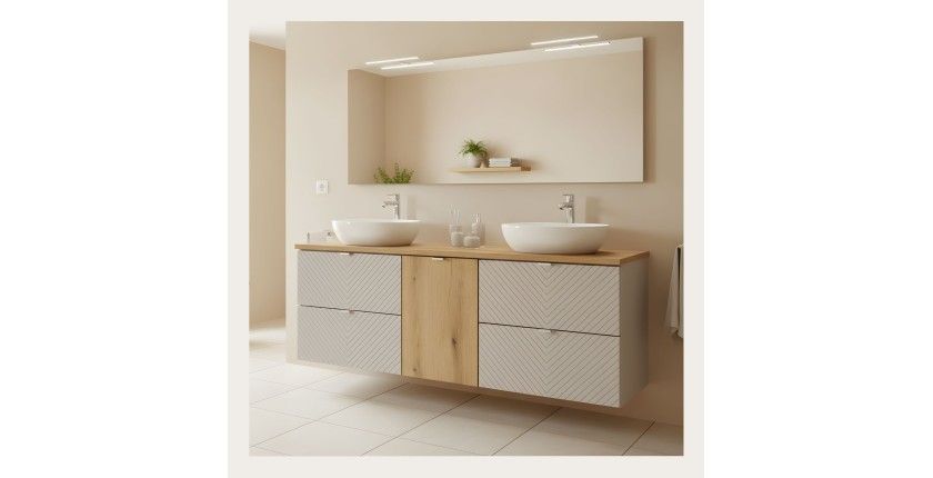 Ensemble meubles sous vasque AOKI beige et bois clair mis en situation