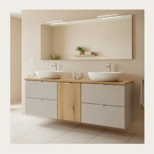 Ensemble meubles sous vasque AOKI beige et bois clair mis en situation