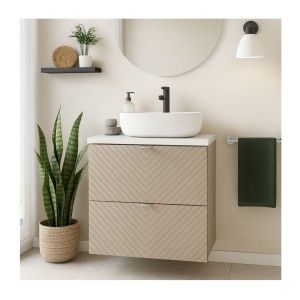 Ensemble meuble sous vasque cachemire et plan pour vasque blanc collection AOKI mis en situation