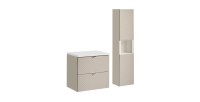 Ensemble AOKI : meuble sous vasque à tiroirs 60cm + plan vasque blanc + colonne de rangement