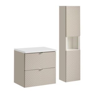 Ensemble meuble sous vasque, plan vasque blanc et colonne de rangement cachemire AOKI