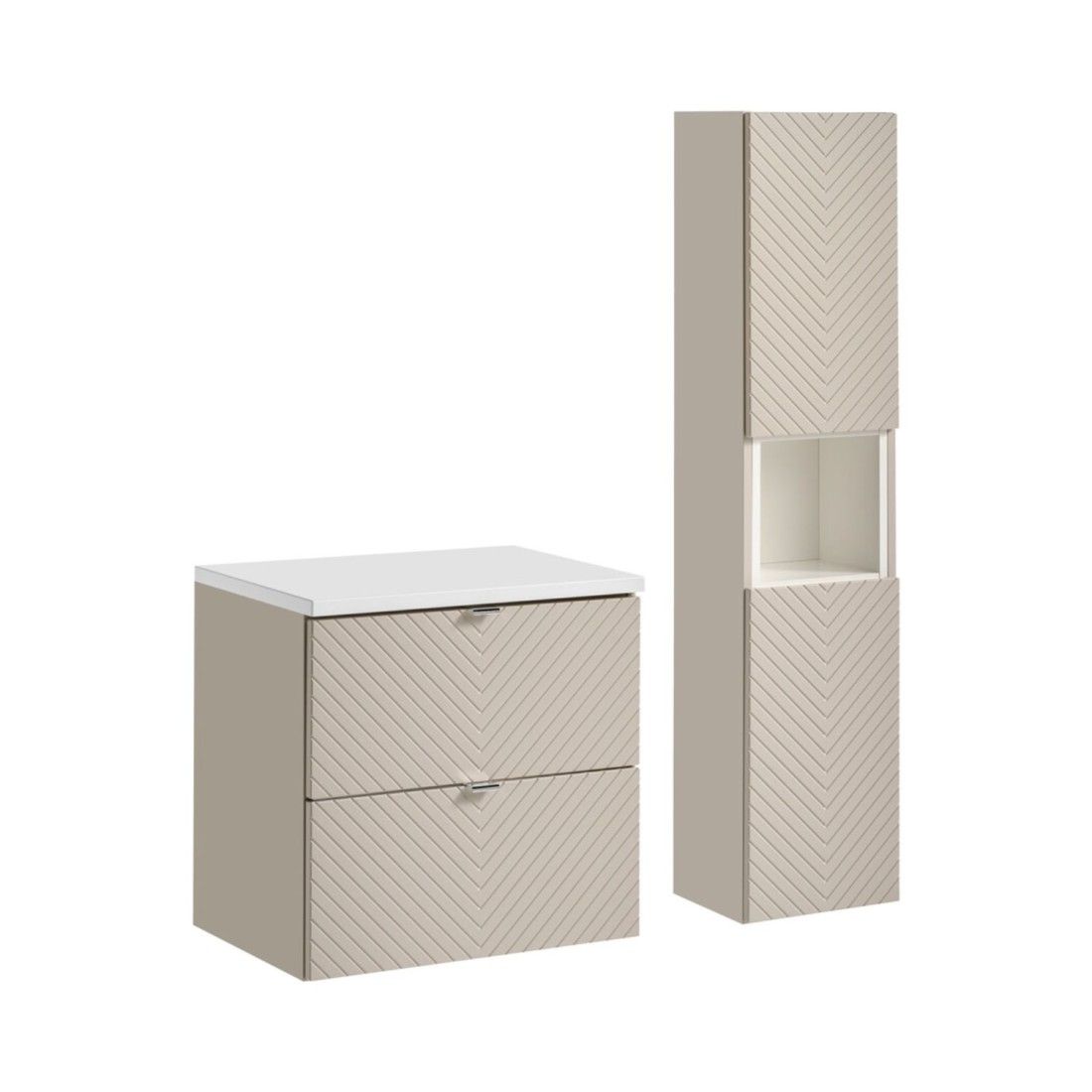 Ensemble AOKI : meuble sous vasque à tiroirs 60cm + plan vasque blanc + colonne de rangement