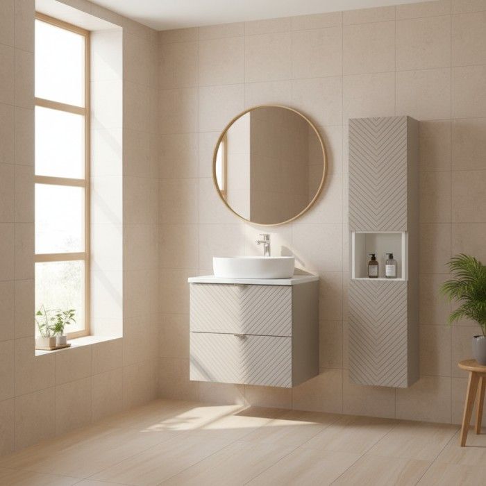 Ensemble meuble sous vasque, plan vasque blanc et colonne de rangement cachemire AOKI mis en situation