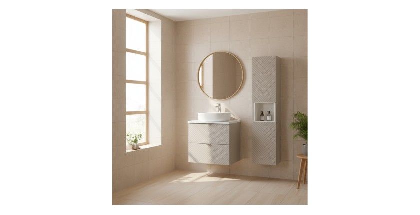 Ensemble AOKI : meuble sous vasque à tiroirs 60cm + plan vasque blanc + colonne de rangement