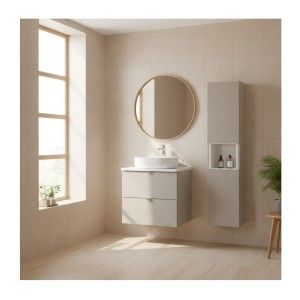 Ensemble AOKI : meuble sous vasque à tiroirs 60cm + plan vasque blanc + colonne de rangement