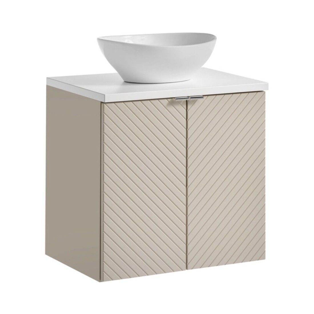 Ensemble AOKI : meuble sous vasque à placards 60cm + plan vasque blanc + vasque blanche ronde à poser