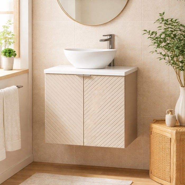 Ensemble meuble sous vasque cachemire, plan pour vasque blanc et vasque à poser AOKI mis en situation