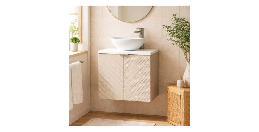 Ensemble AOKI : meuble sous vasque à placards 60cm + plan vasque blanc + vasque blanche ronde à poser