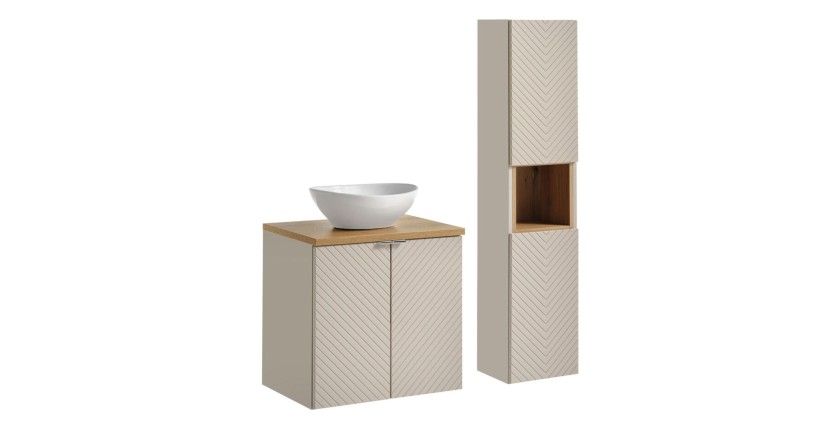 Ensemble AOKI : meuble sous vasque à placard 60cm + plan vasque chêne + vasque blanche ronde à poser + colonne