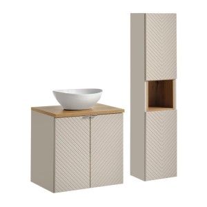 Ensemble meuble sous vasque à placard, colonne de rangement, plan pour vasque et vasque à poser cachemire et bois clair AOKI