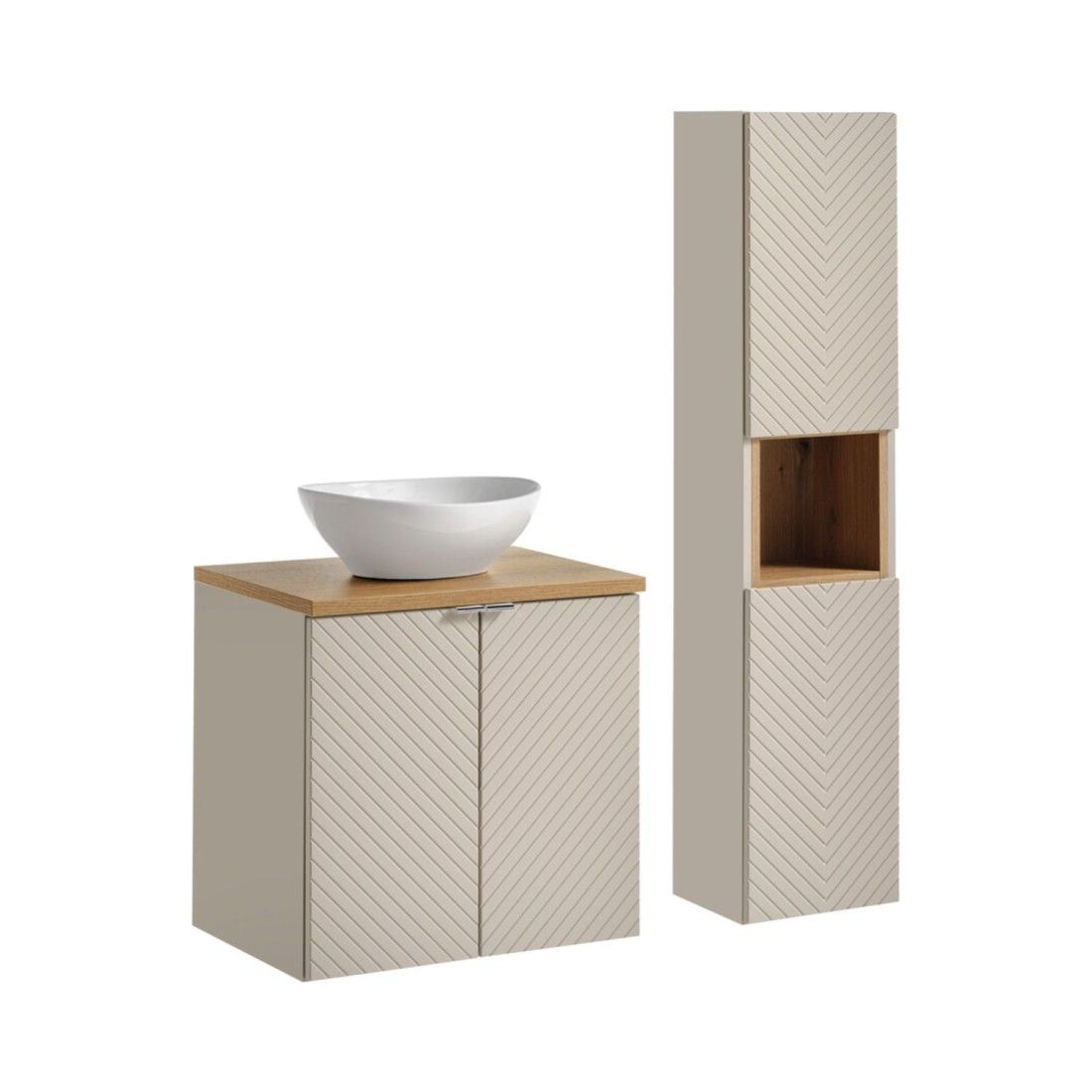 Ensemble meuble sous vasque à placard, colonne de rangement, plan pour vasque et vasque à poser cachemire et bois clair AOKI