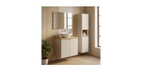 Ensemble AOKI : meuble sous vasque à placard 60cm + plan vasque chêne + vasque blanche ronde à poser + colonne