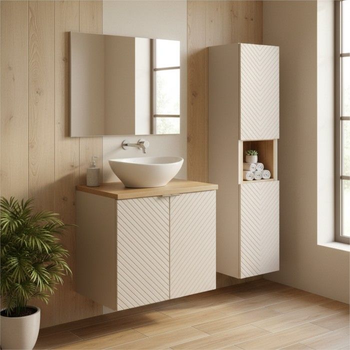 Meuble sous vasque à placard, colonne de rangement, plan pour vasque et vasque à poser AOKI mis en situation