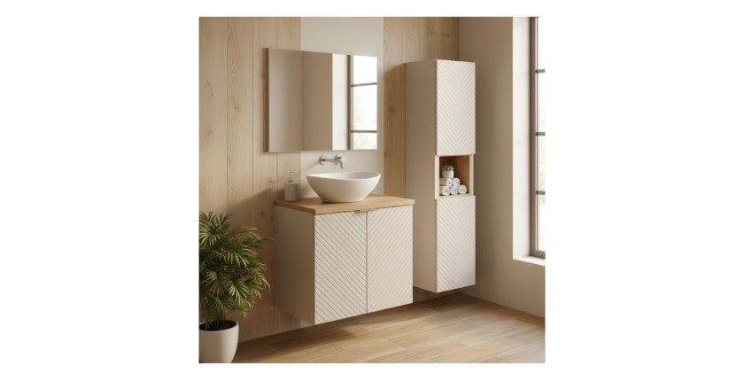 Meuble sous vasque à placard, colonne de rangement, plan pour vasque et vasque à poser AOKI mis en situation