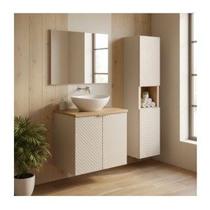 Ensemble AOKI : meuble sous vasque à placard 60cm + plan vasque chêne + vasque blanche ronde à poser + colonne