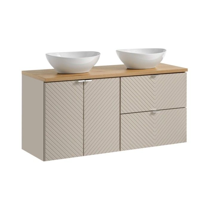 Set AOKI: Waschtischunterschrank 120cm + Eichenholzplatte + zwei runde weiße Aufsatzwaschbecken