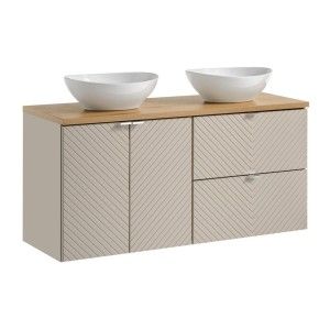 Ensemble AOKI : meuble sous vasque 120cm + plan vasque chêne + deux vasques blanches rondes à poser