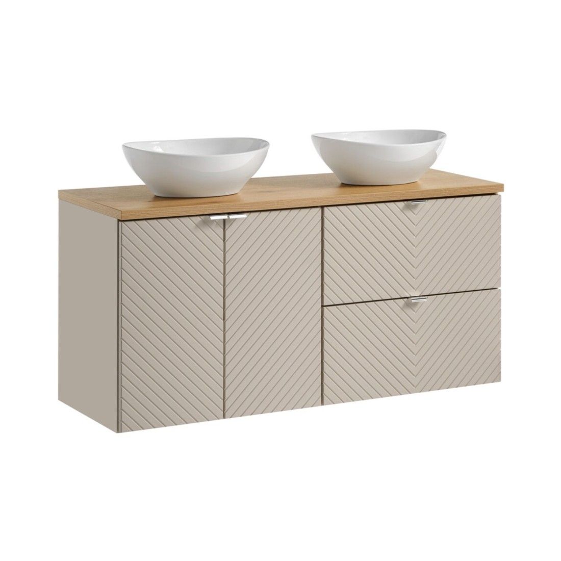 Ensemble AOKI : meuble sous vasque 120cm + plan vasque chêne + deux vasques blanches rondes à poser