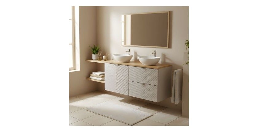 Ensemble AOKI : meuble sous vasque 120cm + plan vasque chêne + deux vasques blanches rondes à poser