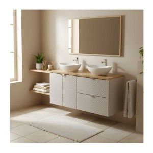 Ensemble AOKI : meuble sous vasque 120cm + plan vasque chêne + deux vasques blanches rondes à poser