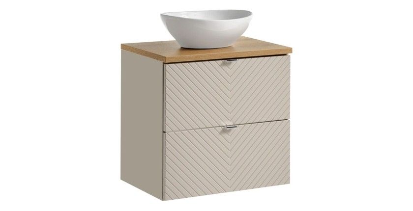 Ensemble AOKI : meuble sous vasque à tiroirs 60cm + plan vasque chêne + vasque blanche ronde à poser