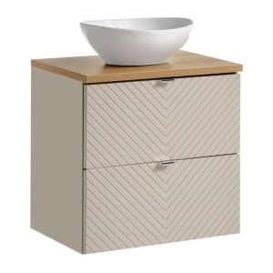 Ensemble AOKI : meuble sous vasque à tiroirs 60cm + plan vasque chêne + vasque blanche ronde à poser