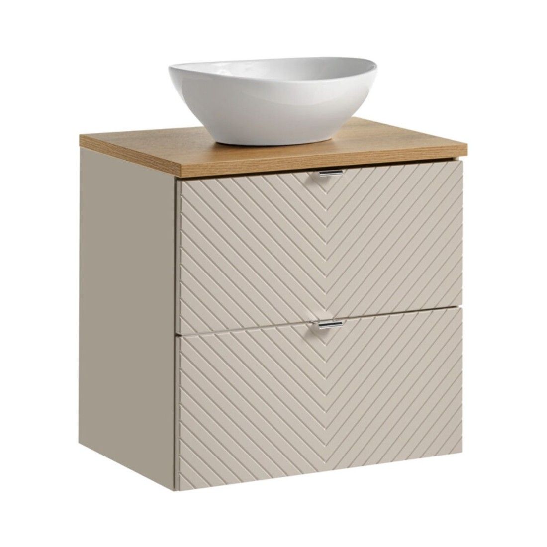 Ensemble AOKI : meuble sous vasque à tiroirs 60cm + plan vasque chêne + vasque blanche ronde à poser