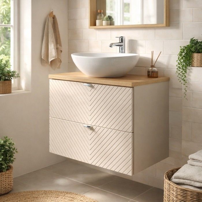 Ensemble meuble sous vasque cachemire, plan pour vasque bois clair et vasque à poser collection AOKI mis en situation