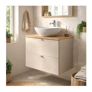 Ensemble AOKI : meuble sous vasque à tiroirs 60cm + plan vasque chêne + vasque blanche ronde à poser