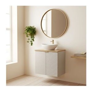 Ensemble meuble sous vasque cachemire à placards et plan pour vasque bois clair AOKI mis en situation