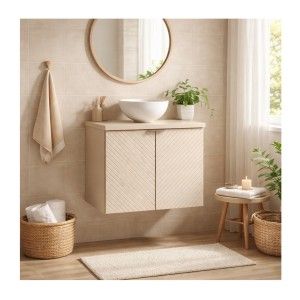 Ensemble meuble sous vasque à placard et plan pour vasque cachemire AOKI mis en situation