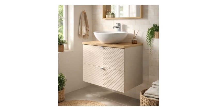 Ensemble AOKI : meuble sous vasque à tiroirs 80cm + plan vasque chêne + vasque ronde blanche à poser