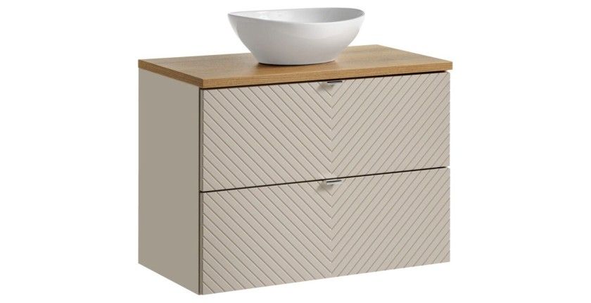 Ensemble AOKI : meuble sous vasque à tiroirs 80cm + plan vasque chêne + vasque ronde blanche à poser