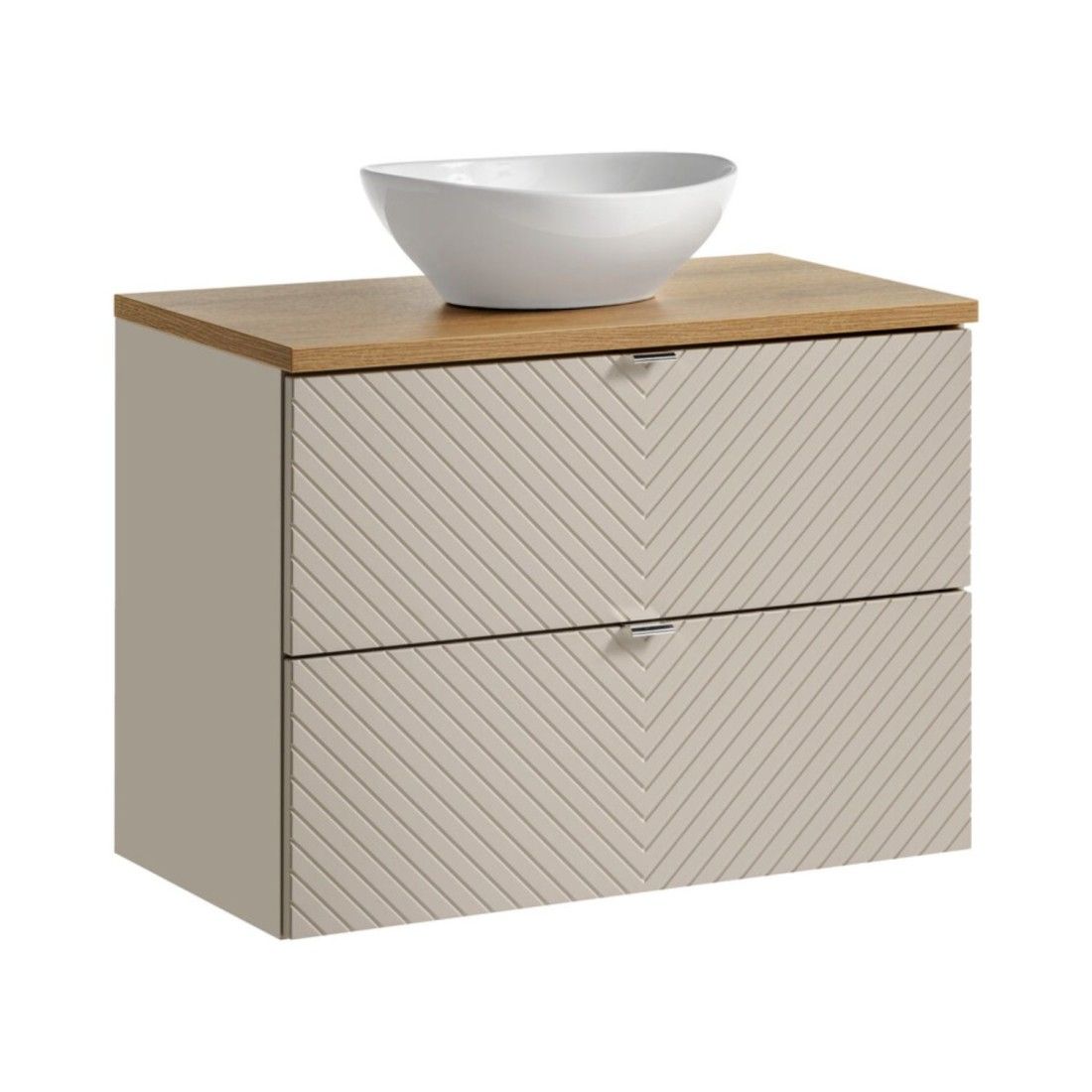 Ensemble AOKI : meuble sous vasque à tiroirs 80cm + plan vasque chêne + vasque ronde blanche à poser