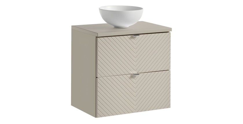 Ensemble AOKI : meuble sous vasque à tiroirs 60cm + plan vasque beige + vasque ronde blanche à poser