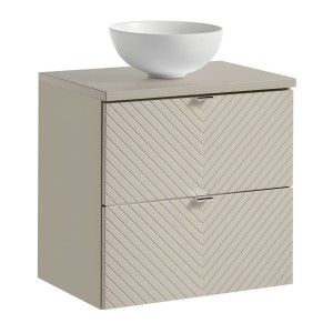 Ensemble AOKI : meuble sous vasque à tiroirs 60cm + plan vasque beige + vasque ronde blanche à poser