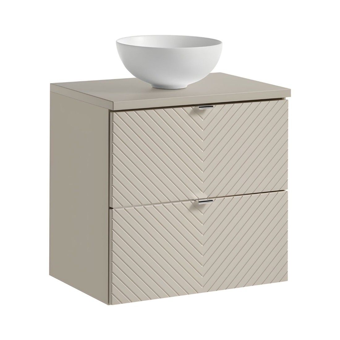 Ensemble AOKI : meuble sous vasque à tiroirs 60cm + plan vasque beige + vasque ronde blanche à poser