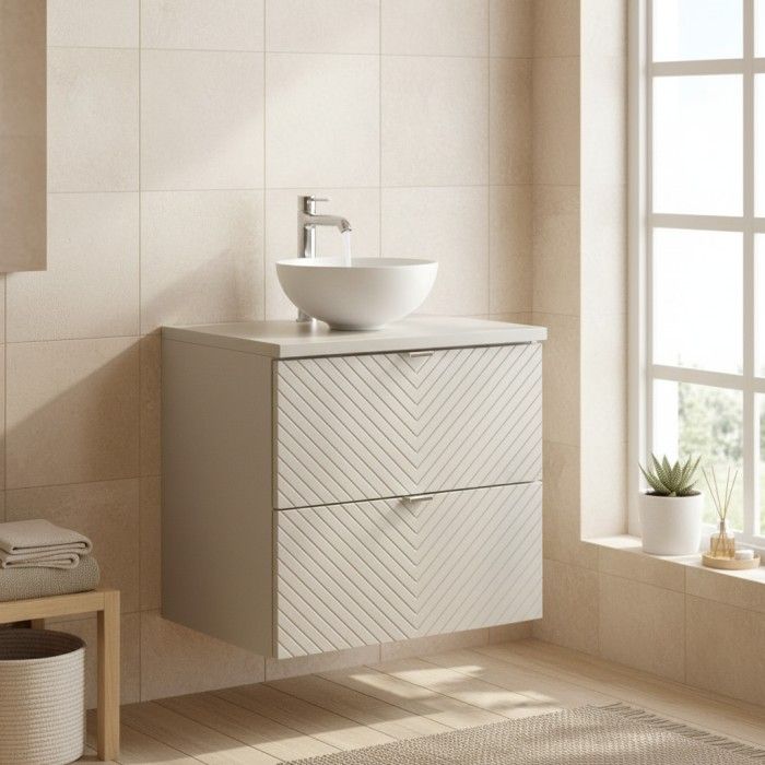 Set AOKI: Waschtischunterschrank mit Schubladen 60cm + Beige Arbeitsplatte + Aufsatzwaschbecken Rund Weiß