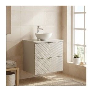 Ensemble AOKI : meuble sous vasque à tiroirs 60cm + plan vasque beige + vasque ronde blanche à poser