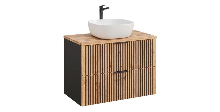 Set KINOKO: mobile con cassetti 80cm sotto il lavabo + piano lavabo + lavabo quadrato arrotondato bianco da appoggio
