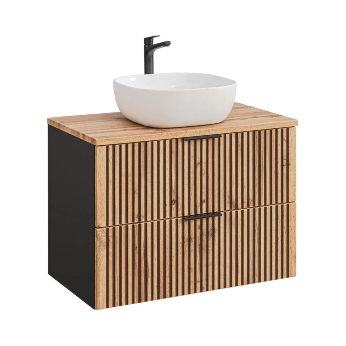 Set KINOKO: mobile con cassetti 80cm sotto il lavabo + piano lavabo + lavabo quadrato arrotondato bianco da appoggio